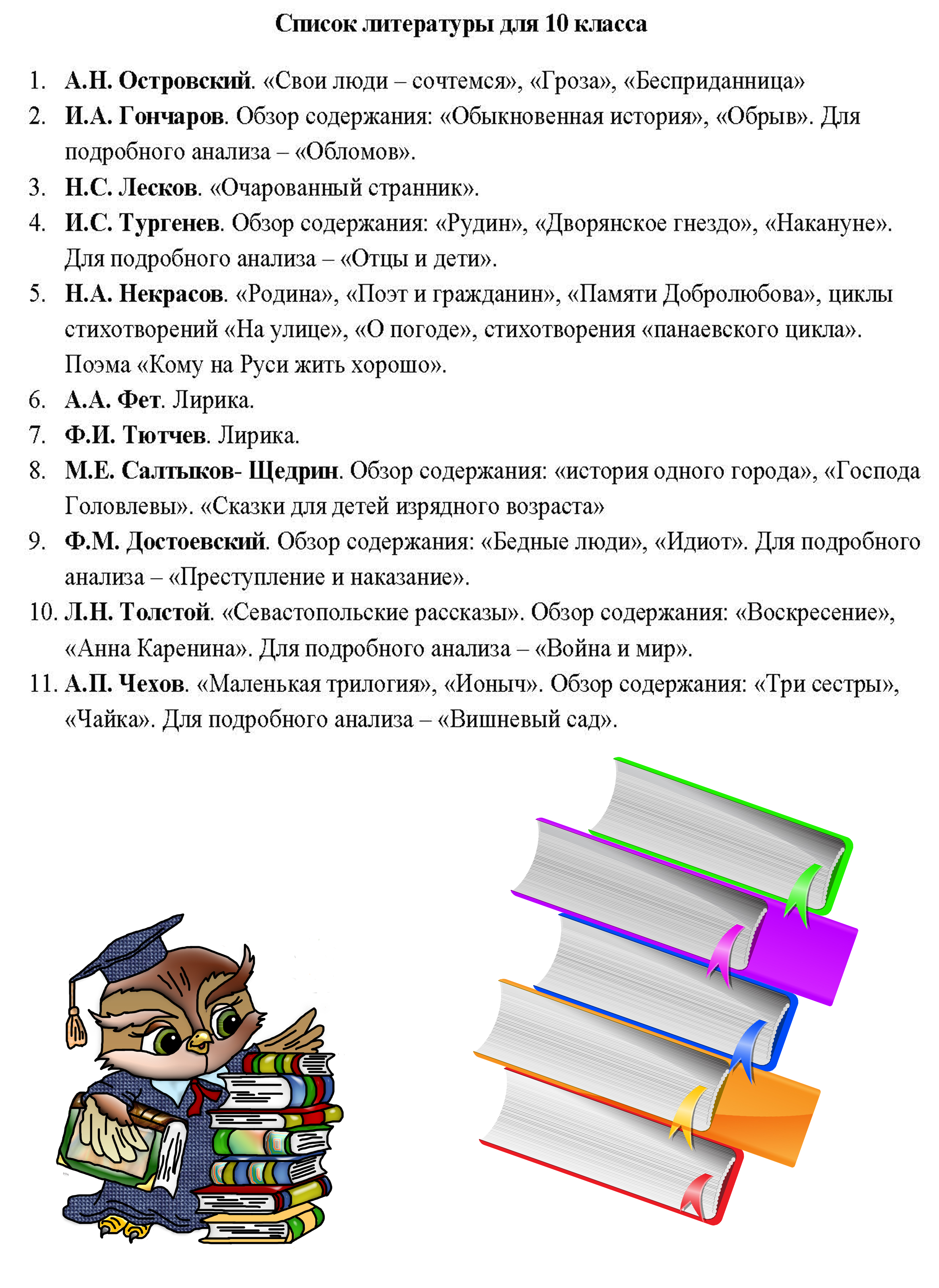 СПИСОК ЛИТЕРАТУРЫ ДЛЯ 10-ГО КЛАССА - 21 Июня 2013 - 10 